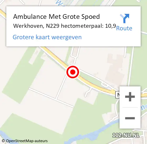Locatie op kaart van de 112 melding: Ambulance Met Grote Spoed Naar Werkhoven, N229 hectometerpaal: 10,9 op 29 juli 2018 01:16
