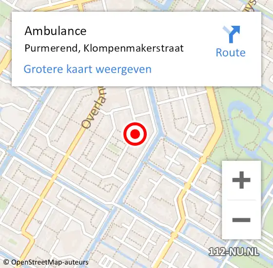 Locatie op kaart van de 112 melding: Ambulance Purmerend, Klompenmakerstraat op 29 juli 2018 08:43