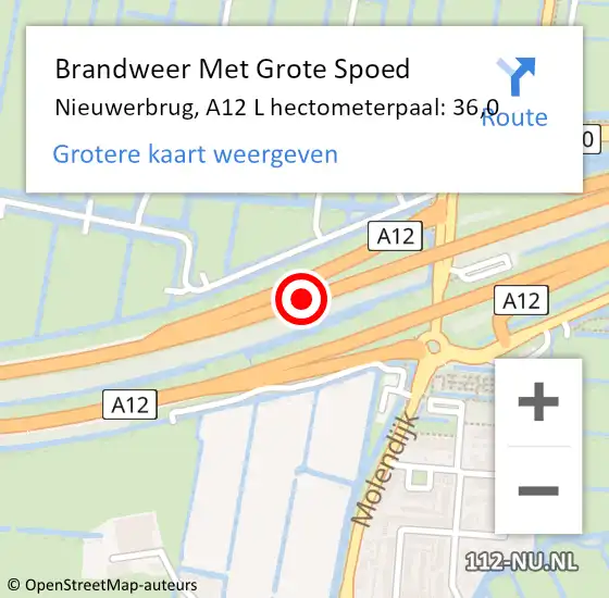Locatie op kaart van de 112 melding: Brandweer Met Grote Spoed Naar Nieuwerbrug, A12 L hectometerpaal: 36,0 op 29 juli 2018 14:26