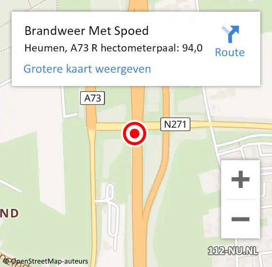 Locatie op kaart van de 112 melding: Brandweer Met Spoed Naar Heumen, A73 R hectometerpaal: 94,0 op 29 juli 2018 19:08