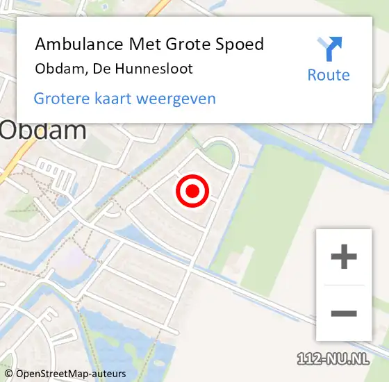 Locatie op kaart van de 112 melding: Ambulance Met Grote Spoed Naar Obdam, De Hunnesloot op 30 juli 2018 07:15