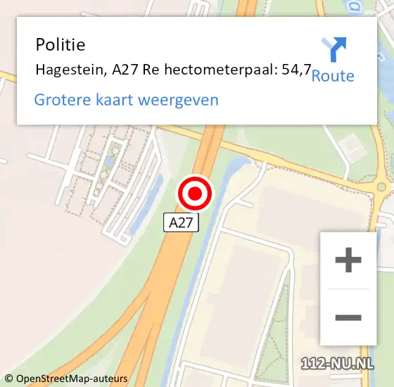 Locatie op kaart van de 112 melding: Politie Hagestein, A27 Re hectometerpaal: 54,7 op 31 juli 2018 12:13