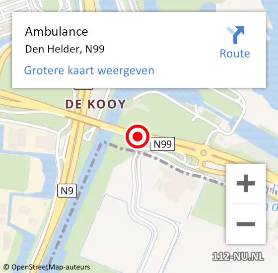 Locatie op kaart van de 112 melding: Ambulance Den Helder, N99 op 1 augustus 2018 06:43