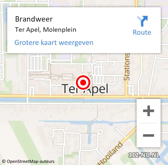 Locatie op kaart van de 112 melding: Brandweer Ter Apel, Molenplein op 2 augustus 2018 10:28