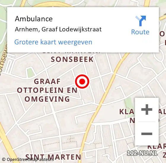 Locatie op kaart van de 112 melding: Ambulance Arnhem, Graaf Lodewijkstraat op 2 augustus 2018 15:13