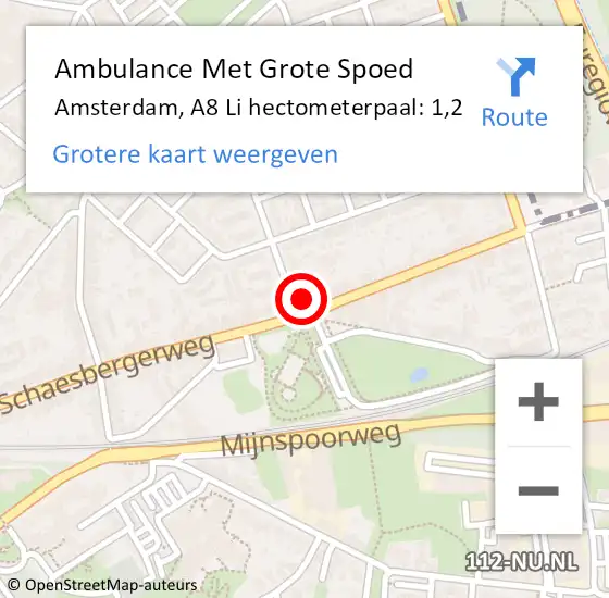 Locatie op kaart van de 112 melding: Ambulance Met Grote Spoed Naar Amsterdam, A8 Li hectometerpaal: 1,2 op 2 augustus 2018 16:34