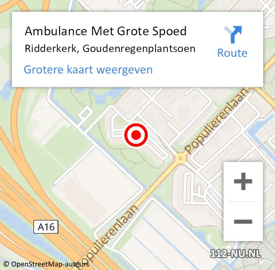 Locatie op kaart van de 112 melding: Ambulance Met Grote Spoed Naar Ridderkerk, Goudenregenplantsoen op 2 augustus 2018 19:04