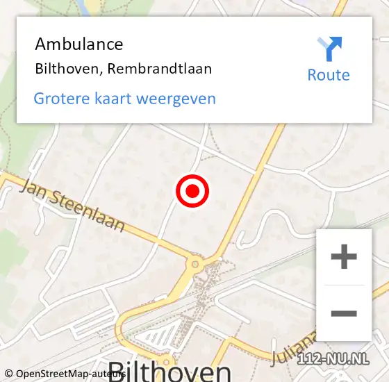 Locatie op kaart van de 112 melding: Ambulance Bilthoven, Rembrandtlaan op 3 augustus 2018 04:51