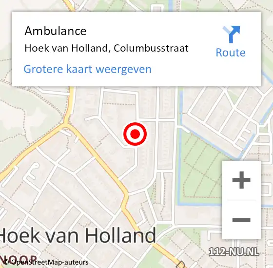 Locatie op kaart van de 112 melding: Ambulance Hoek van Holland, Columbusstraat op 3 augustus 2018 09:30