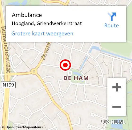 Locatie op kaart van de 112 melding: Ambulance Hoogland, Griendwerkerstraat op 3 augustus 2018 18:47