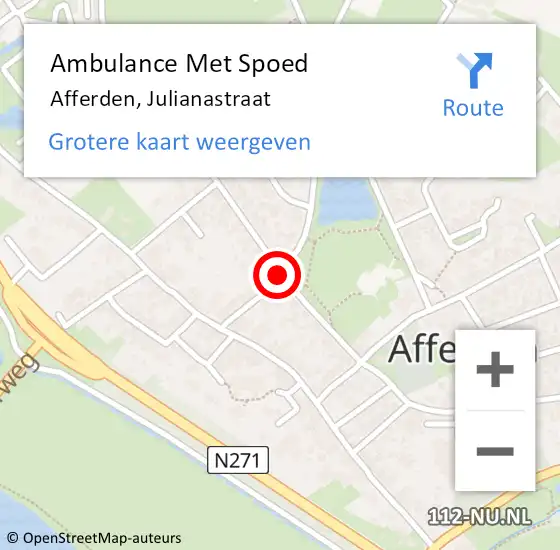 Locatie op kaart van de 112 melding: Ambulance Met Spoed Naar Afferden, Julianastraat op 4 augustus 2018 08:30