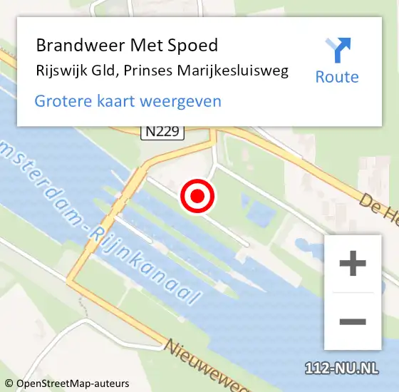 Locatie op kaart van de 112 melding: Brandweer Met Spoed Naar Rijswijk Gld, Prinses Marijkesluisweg op 4 augustus 2018 19:21