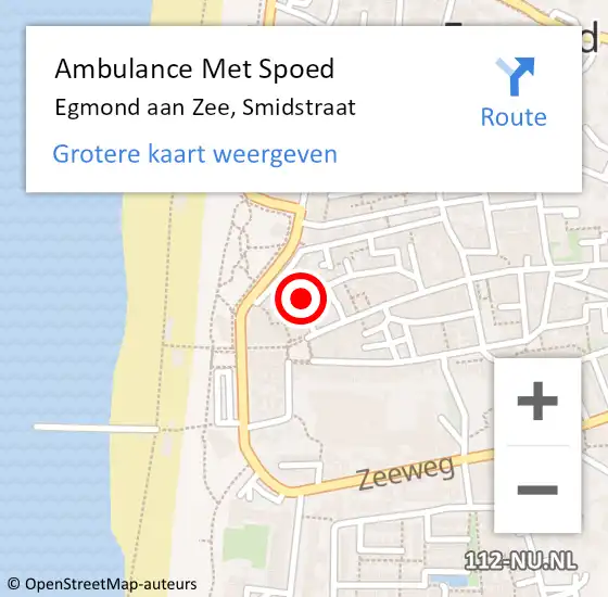 Locatie op kaart van de 112 melding: Ambulance Met Spoed Naar Egmond aan Zee, Smidstraat op 5 augustus 2018 06:12