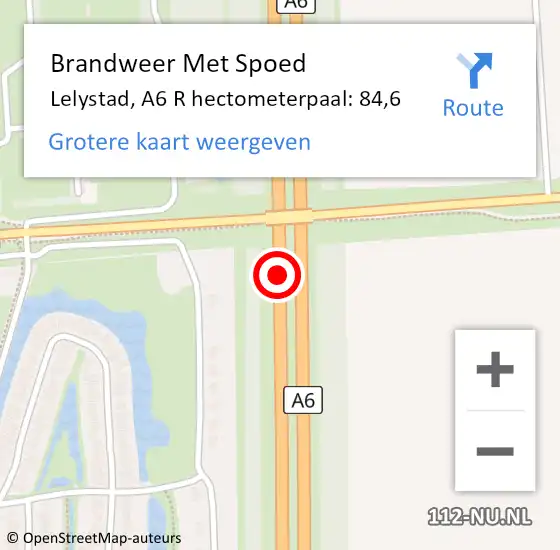 Locatie op kaart van de 112 melding: Brandweer Met Spoed Naar Lelystad, A6 R hectometerpaal: 84,6 op 5 augustus 2018 16:32