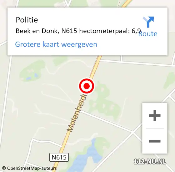 Locatie op kaart van de 112 melding: Politie Beek en Donk, N615 hectometerpaal: 6,9 op 5 augustus 2018 19:36