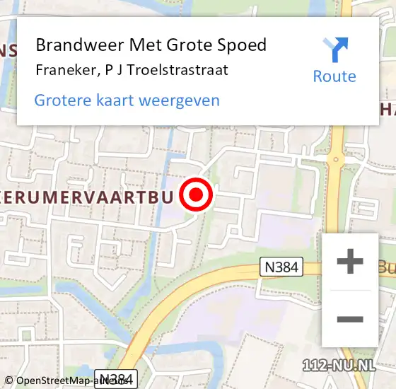 Locatie op kaart van de 112 melding: Brandweer Met Grote Spoed Naar Franeker, P J Troelstrastraat op 5 augustus 2018 23:53