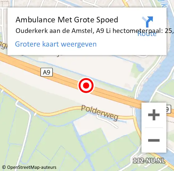 Locatie op kaart van de 112 melding: Ambulance Met Grote Spoed Naar Ouderkerk aan de Amstel, A9 Li hectometerpaal: 21,4 op 6 augustus 2018 01:34