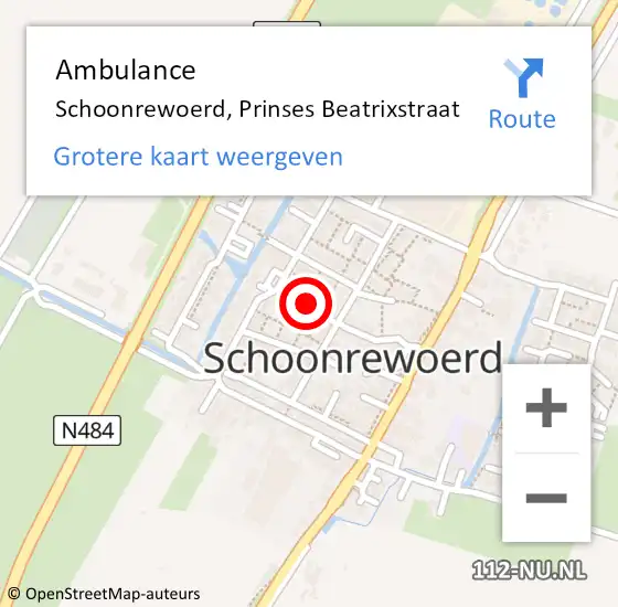 Locatie op kaart van de 112 melding: Ambulance Schoonrewoerd, Prinses Beatrixstraat op 6 augustus 2018 03:03