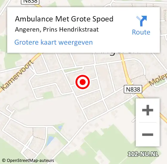 Locatie op kaart van de 112 melding: Ambulance Met Grote Spoed Naar Angeren, Prins Hendrikstraat op 6 augustus 2018 04:55