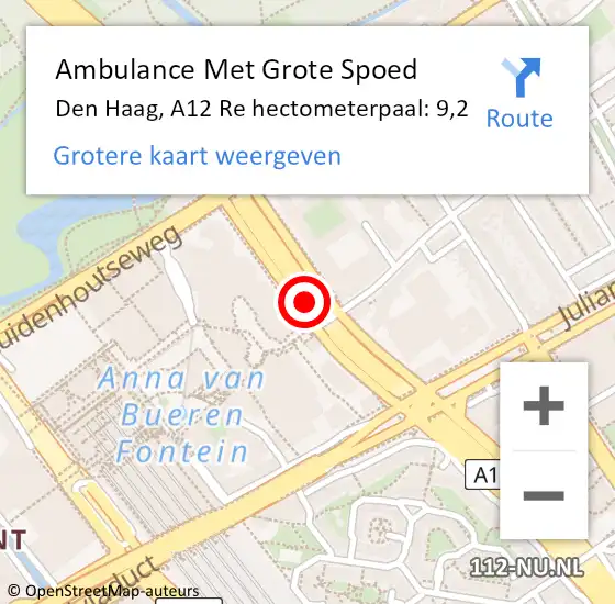 Locatie op kaart van de 112 melding: Ambulance Met Grote Spoed Naar Den Haag, A12 Re hectometerpaal: 15,1 op 6 augustus 2018 07:20