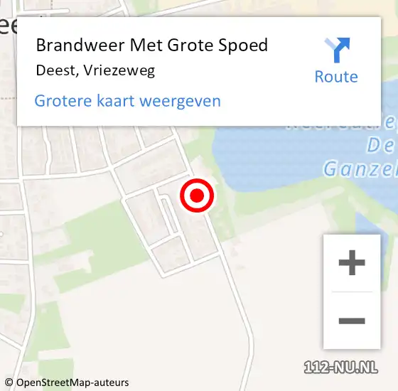 Locatie op kaart van de 112 melding: Brandweer Met Grote Spoed Naar Deest, Vriezeweg op 6 augustus 2018 08:35