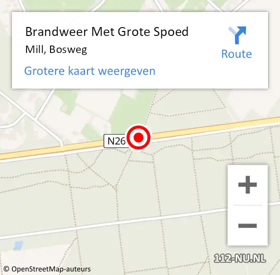 Locatie op kaart van de 112 melding: Brandweer Met Grote Spoed Naar Mill, Bosweg op 6 augustus 2018 13:23