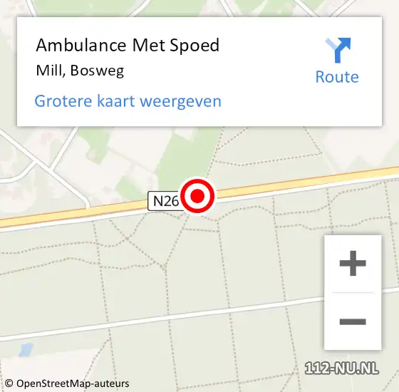 Locatie op kaart van de 112 melding: Ambulance Met Spoed Naar Mill, Bosweg op 6 augustus 2018 13:23