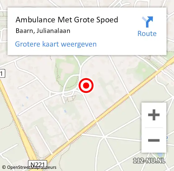 Locatie op kaart van de 112 melding: Ambulance Met Grote Spoed Naar Baarn, Julianalaan op 6 augustus 2018 13:52