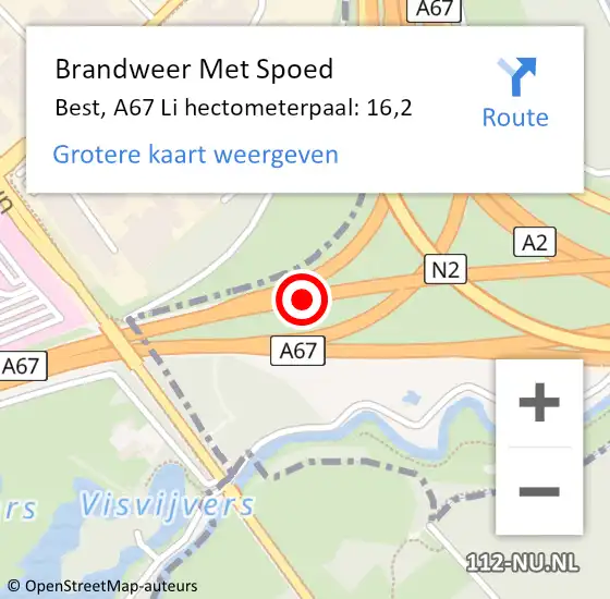 Locatie op kaart van de 112 melding: Brandweer Met Spoed Naar Best, A67 Li hectometerpaal: 16,2 op 6 augustus 2018 14:32