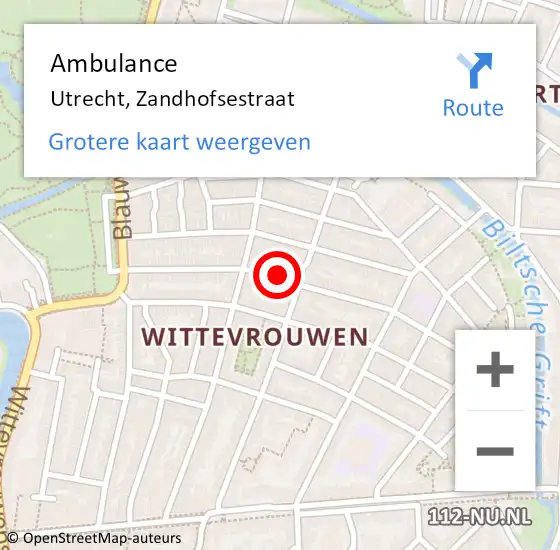 Locatie op kaart van de 112 melding: Ambulance Utrecht, Zandhofsestraat op 6 augustus 2018 16:00