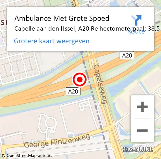 Locatie op kaart van de 112 melding: Ambulance Met Grote Spoed Naar Capelle aan den IJssel, A20 Re hectometerpaal: 38,5 op 6 augustus 2018 16:05