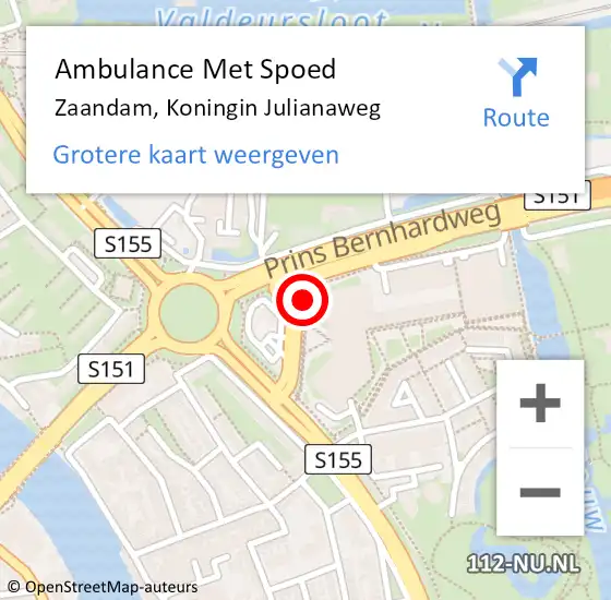 Locatie op kaart van de 112 melding: Ambulance Met Spoed Naar Zaandam, Koningin Julianaweg op 6 augustus 2018 22:54