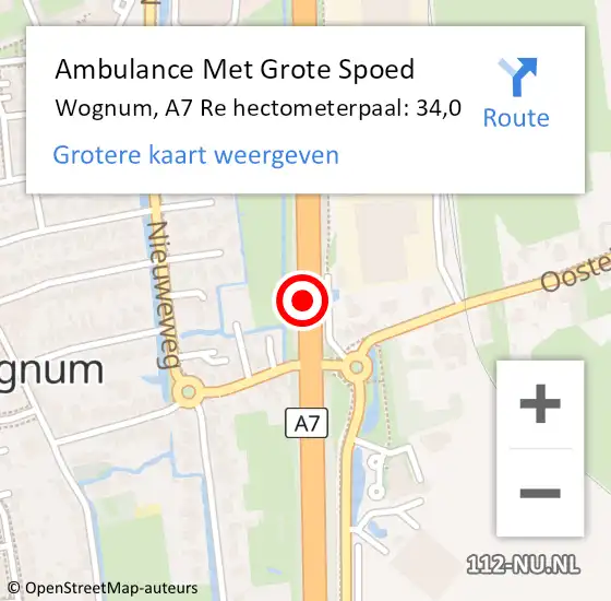 Locatie op kaart van de 112 melding: Ambulance Met Grote Spoed Naar Wognum, A7 Re hectometerpaal: 34,0 op 7 augustus 2018 14:17