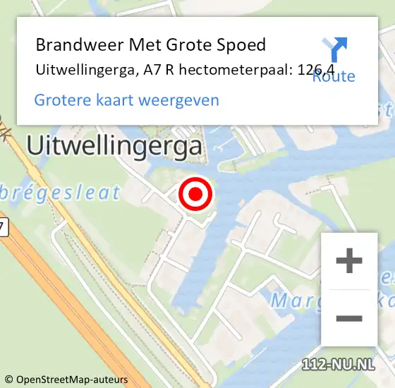 Locatie op kaart van de 112 melding: Brandweer Met Grote Spoed Naar Uitwellingerga, A7 R hectometerpaal: 126,4 op 7 augustus 2018 14:22