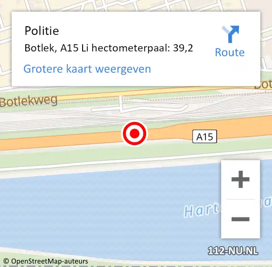 Locatie op kaart van de 112 melding: Politie Botlek, A15 Li hectometerpaal: 39,2 op 7 augustus 2018 16:13