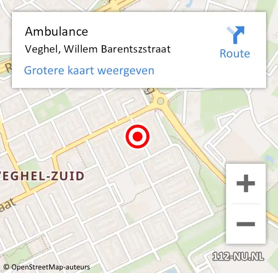 Locatie op kaart van de 112 melding: Ambulance Veghel, Willem Barentszstraat op 8 augustus 2018 08:52