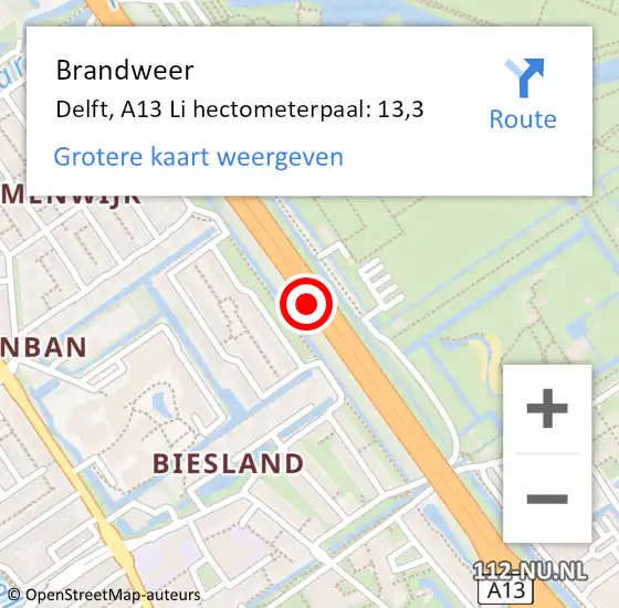 Locatie op kaart van de 112 melding: Brandweer Delft, A13 Li hectometerpaal: 11,3 op 8 augustus 2018 08:53