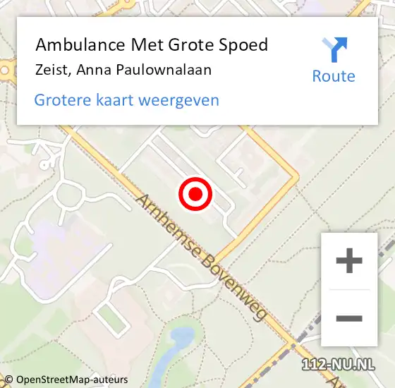 Locatie op kaart van de 112 melding: Ambulance Met Grote Spoed Naar Zeist, Anna Paulownalaan op 8 augustus 2018 10:59