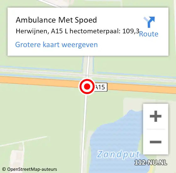 Locatie op kaart van de 112 melding: Ambulance Met Spoed Naar Herwijnen, A15 L hectometerpaal: 109,3 op 8 augustus 2018 11:32