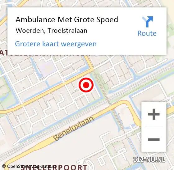 Locatie op kaart van de 112 melding: Ambulance Met Grote Spoed Naar Woerden, Troelstralaan op 8 augustus 2018 20:12