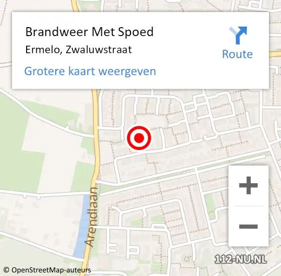 Locatie op kaart van de 112 melding: Brandweer Met Spoed Naar Ermelo, Zwaluwstraat op 8 augustus 2018 21:53