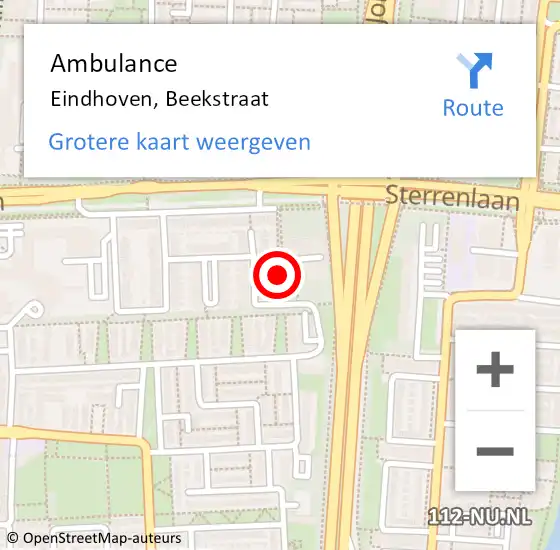 Locatie op kaart van de 112 melding: Ambulance Eindhoven, Beekstraat op 9 augustus 2018 11:56