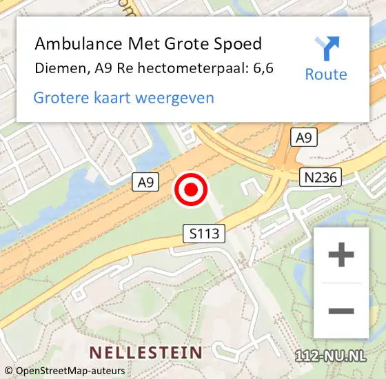 Locatie op kaart van de 112 melding: Ambulance Met Grote Spoed Naar Diemen, A9 Re hectometerpaal: 6,6 op 10 augustus 2018 05:09