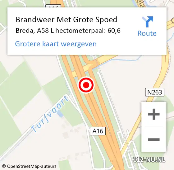 Locatie op kaart van de 112 melding: Brandweer Met Grote Spoed Naar Breda, A16 Li hectometerpaal: 62,8 op 10 augustus 2018 12:51