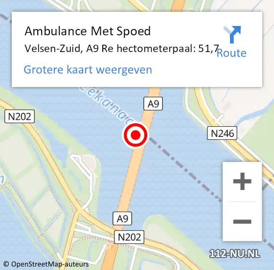 Locatie op kaart van de 112 melding: Ambulance Met Spoed Naar Velsen-Zuid, A9 Li hectometerpaal: 49,0 op 10 augustus 2018 21:59