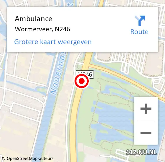 Locatie op kaart van de 112 melding: Ambulance Wormerveer, N246 op 10 augustus 2018 22:10
