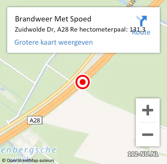 Locatie op kaart van de 112 melding: Brandweer Met Spoed Naar Zuidwolde Dr, A28 Re hectometerpaal: 131,3 op 11 augustus 2018 05:03