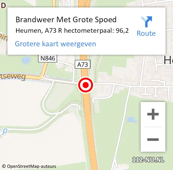 Locatie op kaart van de 112 melding: Brandweer Met Grote Spoed Naar Heumen, A73 R hectometerpaal: 94,3 op 11 augustus 2018 12:28