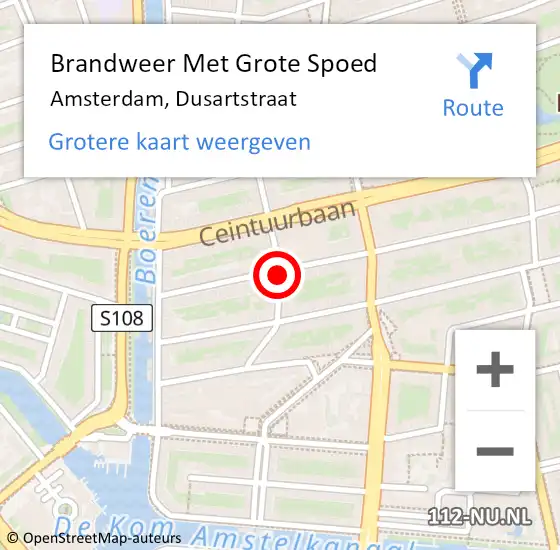 Locatie op kaart van de 112 melding: Brandweer Met Grote Spoed Naar Amsterdam, Dusartstraat op 11 augustus 2018 15:55