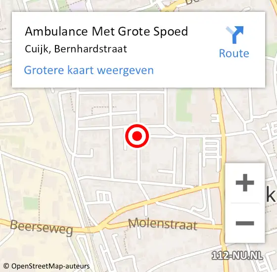 Locatie op kaart van de 112 melding: Ambulance Met Grote Spoed Naar Cuijk, Bernhardstraat op 11 augustus 2018 18:13